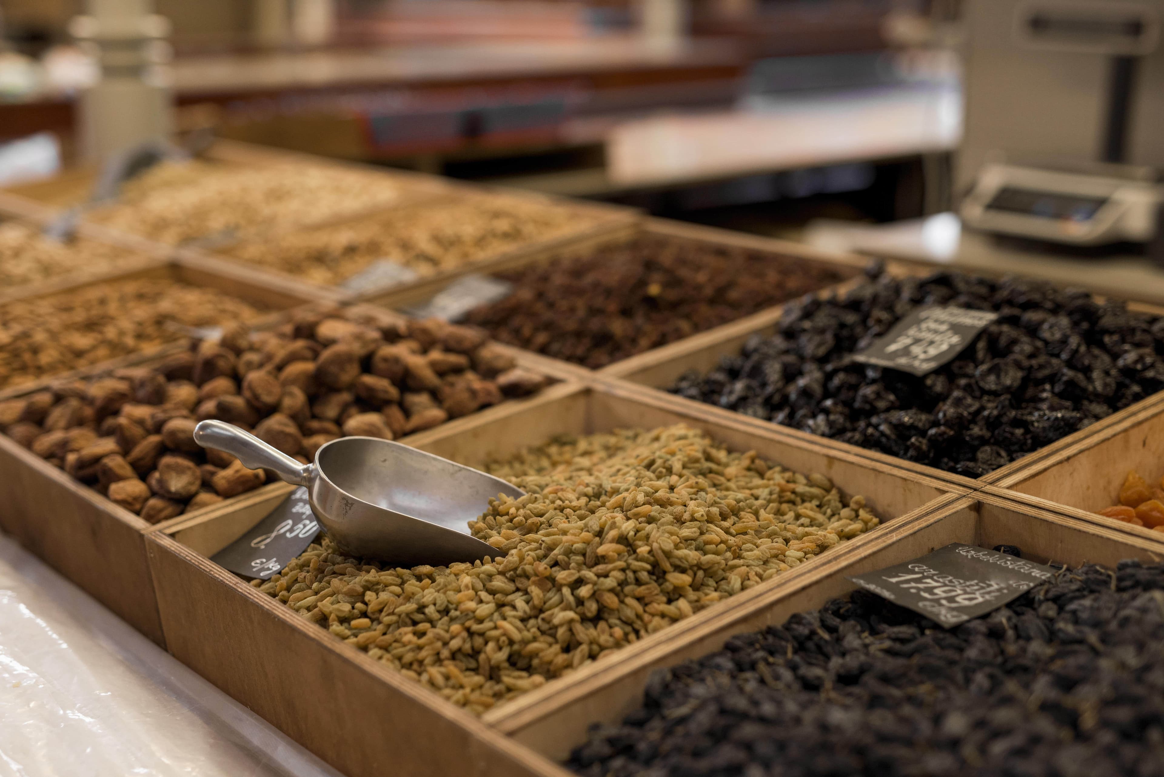 A variety of colorful spices at an outdoor market
